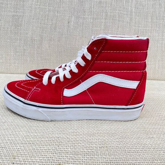 Vans Original Sk-8 Hi Shoe, Racing Red and White Leather Suede, Unisex, M6, W7.5 - Picture 8 of 12